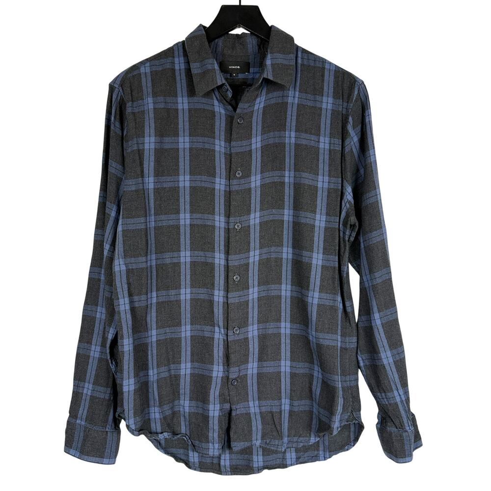 Vince Mens Cotton Rayon Gray Blue Plaid Button Up Shirt - M